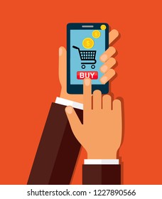 Hand holing smart phone with buy button on the screen. E-commerce flat design concept. Vector illustration.