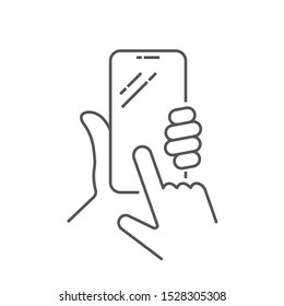 Hand holing smart phone with buy button on the screen. Using mobile smartphone. Mobile Phone Line Icon. Hand holding smartphone. Smartphone with white screen vector. EPS 10