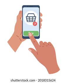 Hand holing smart phone with buy button on the screen. E-commerce flat design concept. Using mobile smart phone similar to iphon for online purchasing. Eps 10 vector