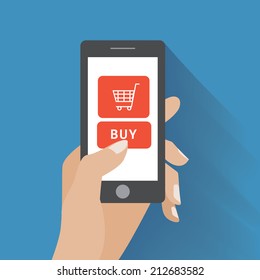 Hand holing smart phone with buy button on the screen. E-commerce flat design concept. Using mobile smart phone similar to iphon for online purchasing. Eps 10 vector