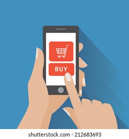 Hand holing smart phone with buy button on the screen. E-commerce flat design concept. Using mobile smart phone similar to iphon for online purchasing. Eps 10 vector