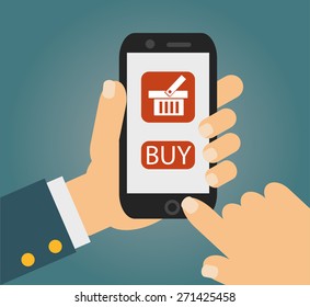 Hand holing smart phone with buy button on the screen. E-commerce flat design concept. Using mobile smart phone similar to iphon for online purchasing. Eps 10 vector