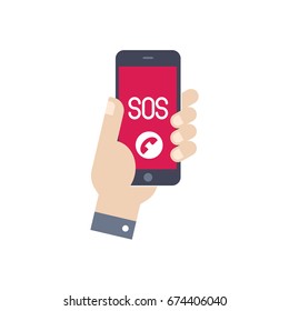 Hand holing smart phone. Call for help, sos.  Flat design vector.