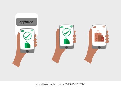 Hand holing smart phone for contactless shopping online paid vector illustration isolated on white background. Technology marketing concept.