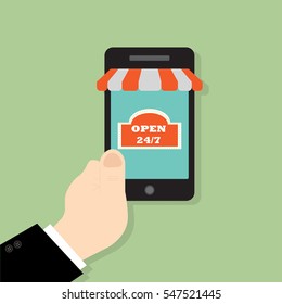 Hand holing smart phone. E-commerce flat design concept. Using mobile smart phone for online purchasing