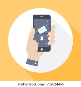 Hand holing smart phone with email on the screen. Business concept design.  Icon vector with long shadow. Flat design style.