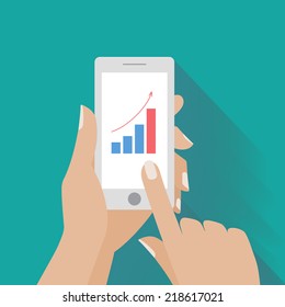 Hand holing smart phone with increasing bar chart on the screen. Using smartphone similar to smart phone for business flat design concept. Eps 10 vector.