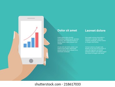 Hand Holing Smart Phone With Increasing Bar Chart On The Screen. Using Smartphone Similar To Iphone For Business, Flat Design Concept. Eps 10 Vector.