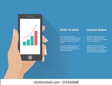 Hand holing smart phone with increasing bar chart on the screen. Using smartphone similar to smart phone for business flat design concept. Eps 10 vector.