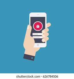 Hand holing smart phone with lock button on the screen. Data protection, locking. Flat design vector.