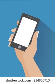 Hand holing smartphone with blank screen. Using mobile smart phone, flat design concept. Eps 10 vector illustration