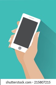 Hand holing smartphone with blank screen. Using mobile smart phone, flat design concept. Eps 10 vector illustration