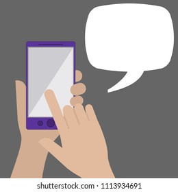 Hand holing smartphone with blank speech bubble for text.