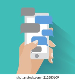 Hand holing smartphone with blank speech bubbles for text. Using smart phone similar to iphon for text messaging. Eps 10 flat design concept.