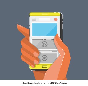 Hand holing smartphone. Cartoon style vector illustration.