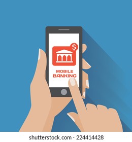 Hand holing smartphone with mobile banking icon on the screen. Using mobile smart phone similar to iphon, flat design concept. Eps 10 vector illustration