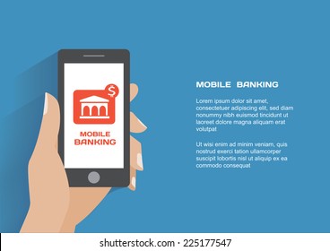 Hand holing smartphone with mobile banking icon on the screen. Using mobile smart phone similar to iphon, flat design concept. Eps 10 vector illustration