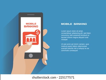 Hand holing smartphone with mobile banking icon on the screen. Using mobile smart phone similar to iphon, flat design concept. Eps 10 vector illustration