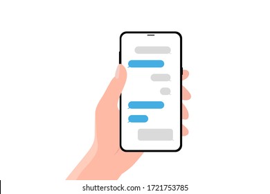 Hand holing smartphone with speech bubble. Using smart phone for text messaging