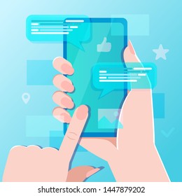 Hand holing smartphone with speech bubbles for text. Mobile phone chat message notifications. Concept of online talking, speak, conversation, dialog. Sms messages, online messenger app, cosial media