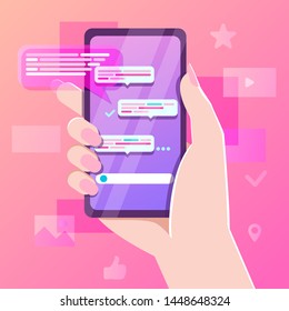 Hand holing smartphone with speech bubbles for text. Mobile phone chat message notifications. Concept of online talking, speak, conversation, dialog. Sms messages, online messenger app, cosial media