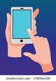Hand holing a smartphone, touching blank blue screen.