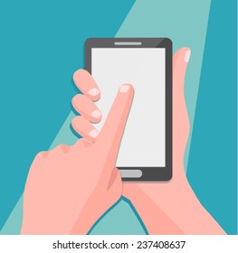 Hand holing smartphone, touching blank screen - flat design vector