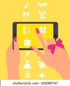 Hand holing smartphone, touching screen. Hand of woman hold tablet and pointing on screen. Choose concept and Icons set for holiday and entertainment