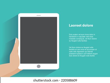 Hand Holing Tablet Computer With Blank Screen. Using Digital Tablet Pc Similar To Ipad, Flat Design Concept. Eps 10 Vector Illustration