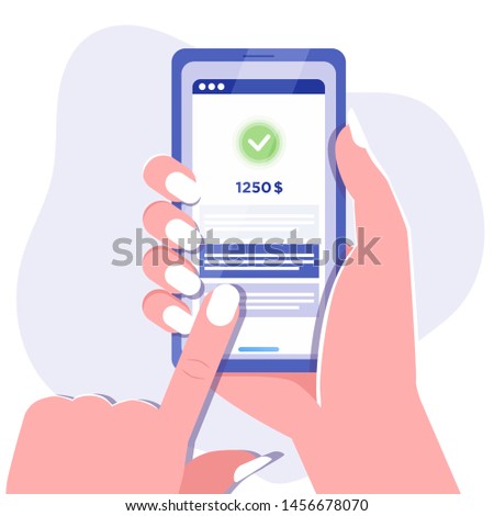 Hand holing and touch smartphone with mobile banking app on the screen. Using mobile smart phone. Mobile wallet account transaction, payment. Modern concept for web banners, web sites, infographic