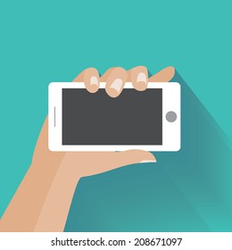 Hand holing white smartphone with blank screen. Using mobile smart phone similar to iphon, flat design concept. Eps 10 vector illustration