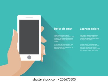 Hand holing white smartphone with blank screen. Using mobile smart phone similar to iphon, flat design concept. Eps 10 vector illustration