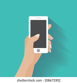 Hand holing white smartphone, touching blank screen. Using mobile smart phone similar to iphon, flat design concept. Eps 10 vector illustration