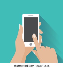 Hand holing white smartphone, touching blank screen. Using mobile smart phone, flat design concept. Eps 10 vector illustration