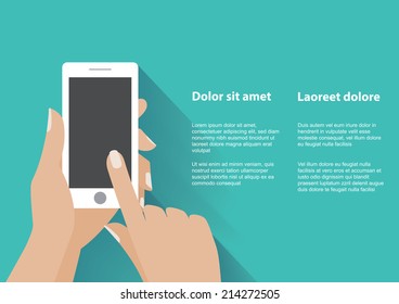 Hand holing white smartphone, touching blank screen. Using mobile smart phone, flat design concept. Eps 10 vector illustration