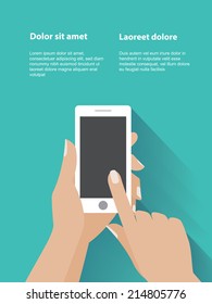 Hand holing white smartphone, touching blank screen. Using mobile smart phone, flat design concept. Eps 10 vector illustration