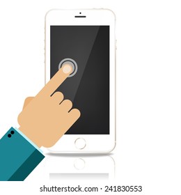 Hand holing white smartphone, touching blank screen.