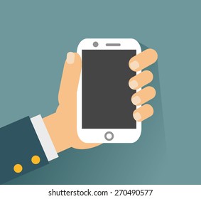 Hand holing white smartphone, touching blank screen. Using mobile smart phone similar to iphon, flat design concept. Eps 10 vector illustration