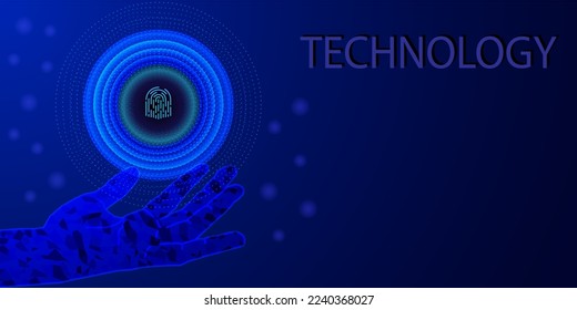 Tecnología de holograma de mano sobre fondo degradado.ilustración digital
