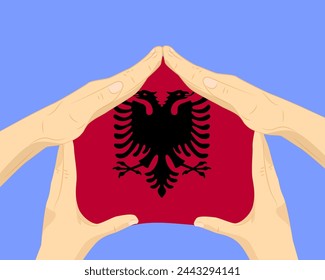 Casa de la mano con la bandera de Albania, idea residencial o de inversión, bienes raíces en Albania, diseño vectorial, comprar casa en el país extranjero, vivienda y concepto de hogar