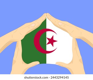 Hand home with Algeria flag, residential or investment idea, real estate in Algeria, vector design, buying house in foreign country, housing and home concept