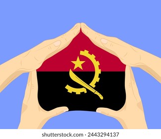 Hand home with Angola flag, residential or investment idea, real estate in Angola, vector design, buying house in foreign country, housing and home concept