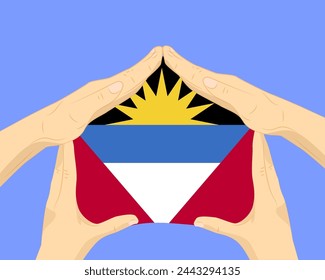 Hand home with Antigua And Barbuda flag, residential or investment idea, real estate in Antigua And Barbuda, vector design, buying house in foreign country, housing and home concept