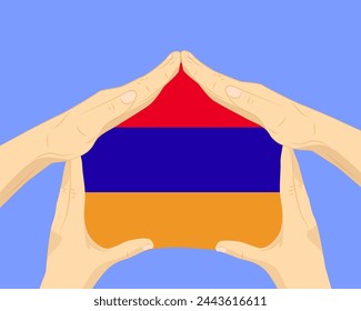 Hand home with Armenia flag, residential or investment idea, real estate in Armenia, vector design, buying house in foreign country, housing and home concept