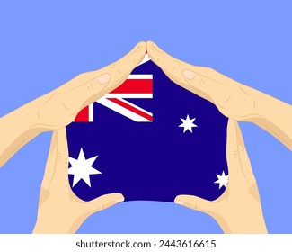 Hand home with Australia flag, residential or investment idea, real estate in Australia, vector design, buying house in foreign country, housing and home concept