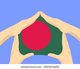 Mano a casa con la bandera de Bangladesh, idea residencial o de inversión, bienes raíces en Bangladesh, diseño vectorial, comprar casa en el extranjero, vivienda y concepto de hogar