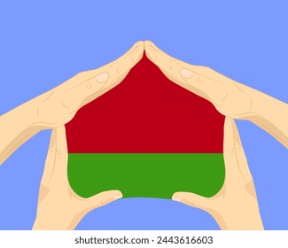 Mano a casa con la bandera de Bielorrusia, idea residencial o de inversión, bienes raíces en Bielorrusia, diseño vectorial, comprar casa en el país extranjero, vivienda y concepto de hogar