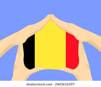 Casa de la mano con la bandera de Bélgica, idea residencial o de inversión, bienes raíces en Bélgica, diseño vectorial, comprar casa en el país extranjero, vivienda y concepto de hogar