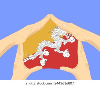 Hand home with Bhutan flag, residential or investment idea, real estate in Bhutan, vector design, buying house in foreign country, housing and home concept