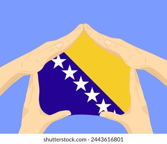 Hand home with Bosnia flag, residential or investment idea, real estate in Bosnia, vector design, buying house in foreign country, housing and home concept